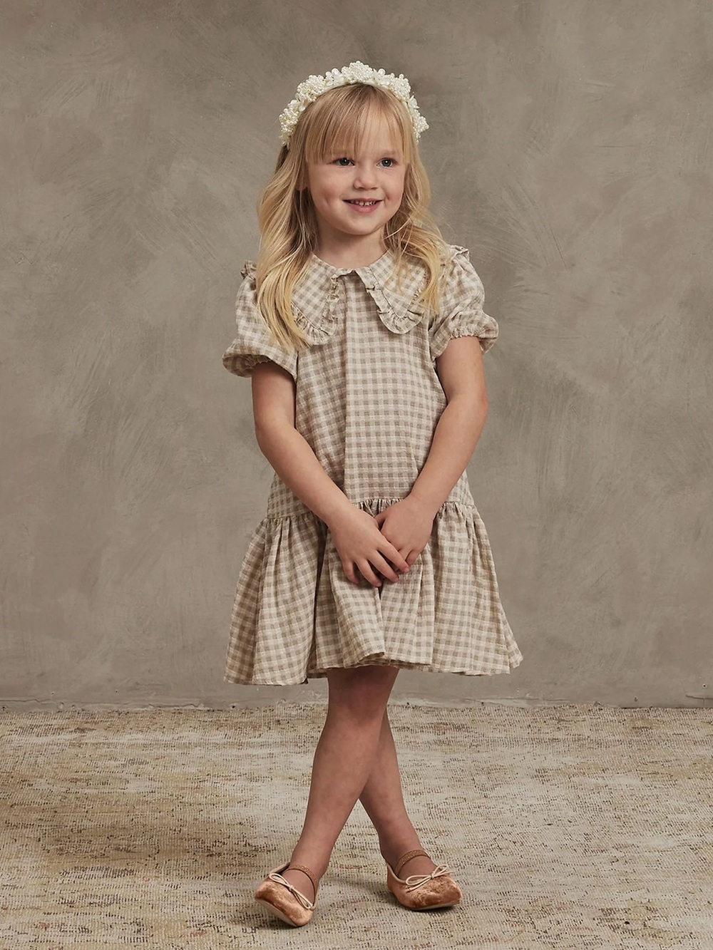 NORALEE Camille Dress - Dove Check Girls' Beige Gingham Peter Pan Collar size 6